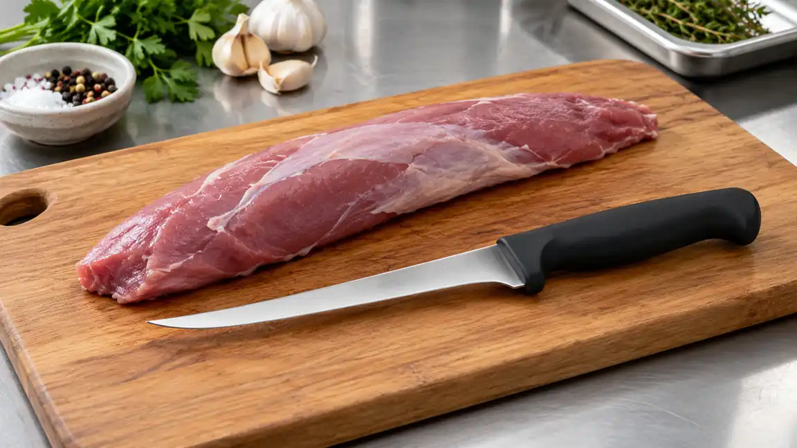 Narrow boning knife beside a neatly trimmed cut of meat on a clean prep board.