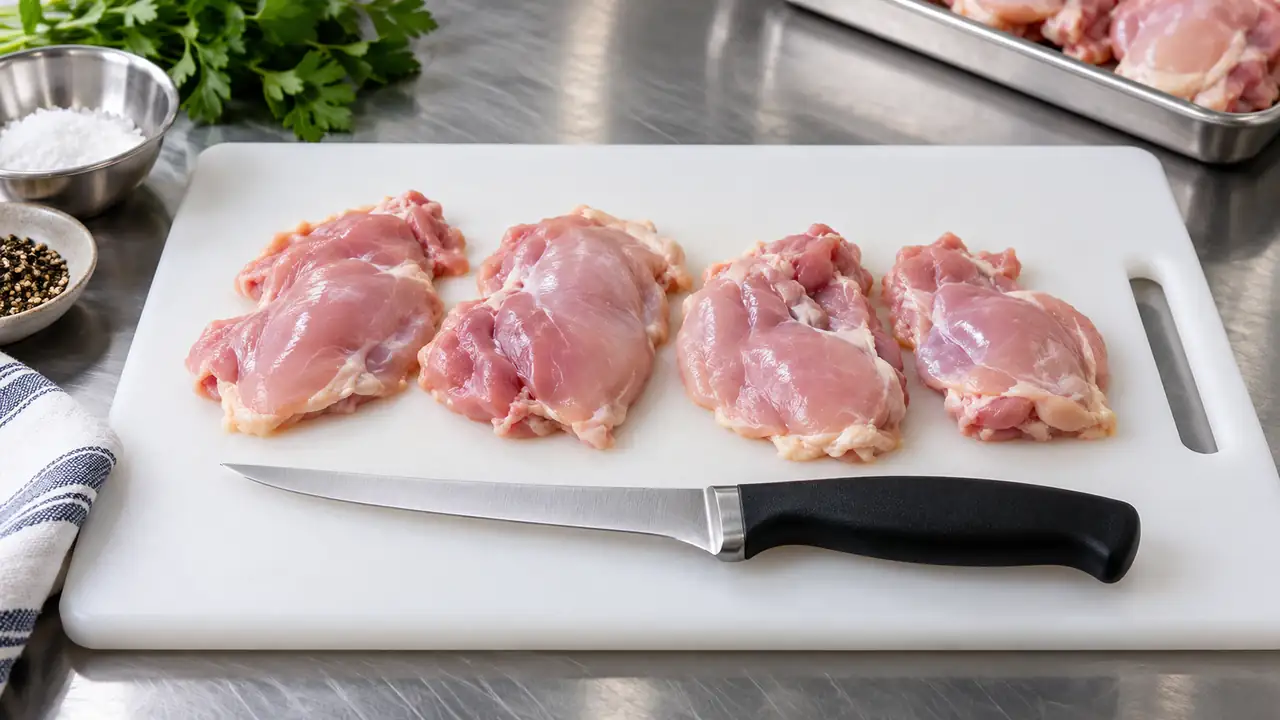 Poultry boning knife beside boneless chicken thigh meat on a clean white board.