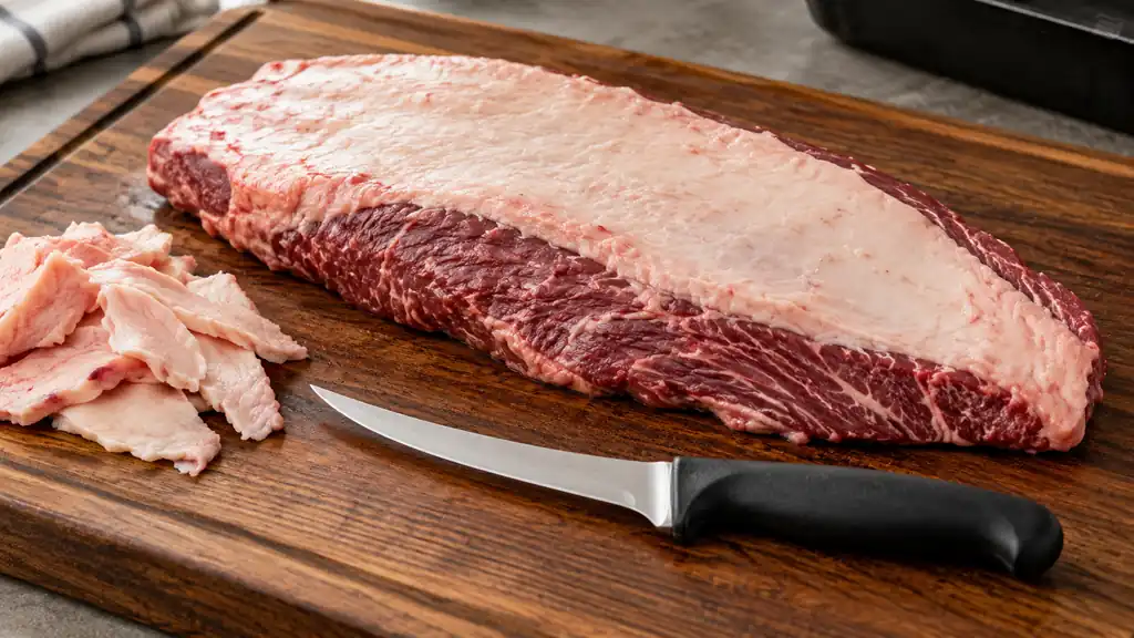 Curved trimming knife beside a brisket with a neatly trimmed fat cap.