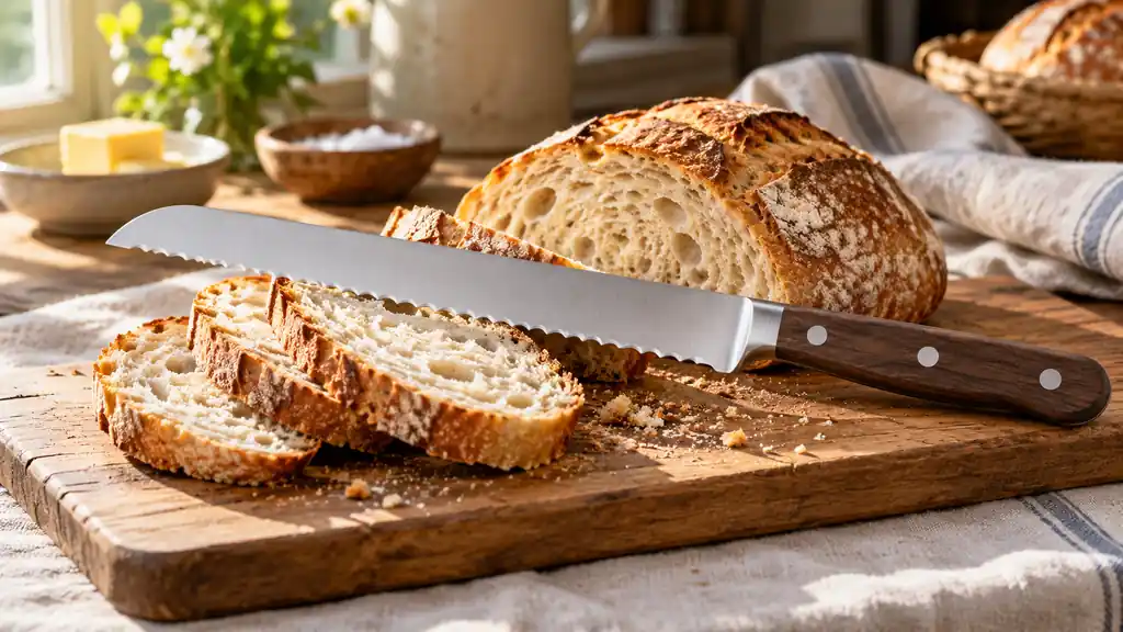 Straight-handle serrated bread knife beside slices of a rustic loaf.