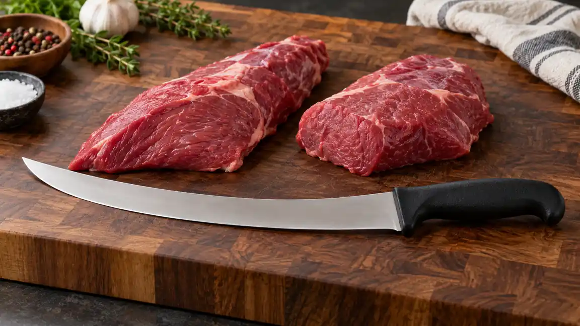 Curved breaking knife beside portioned beef on a walnut butcher block.