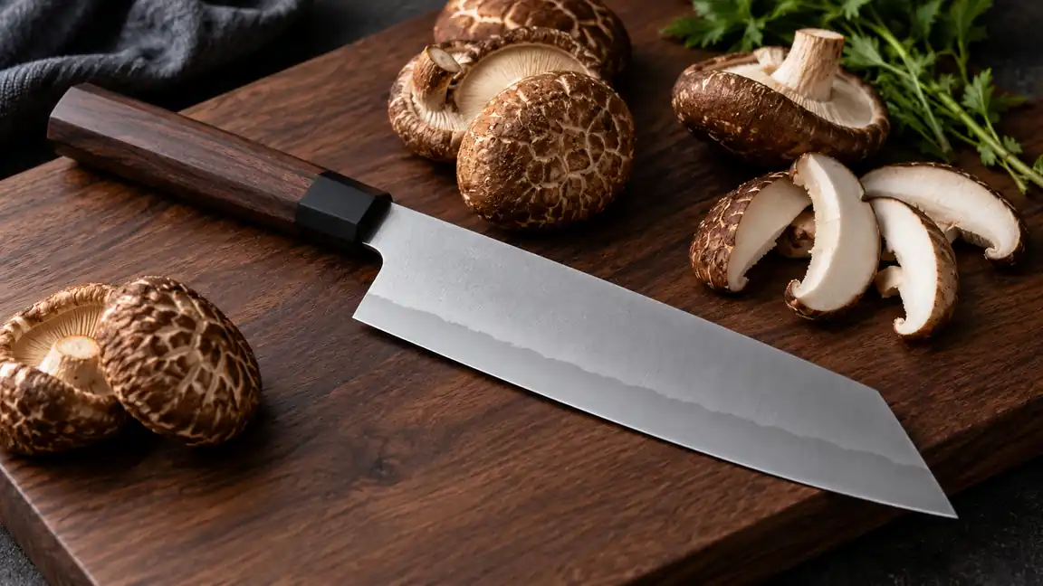 Bunka knife with an angular tip beside sliced shiitake mushrooms on walnut.