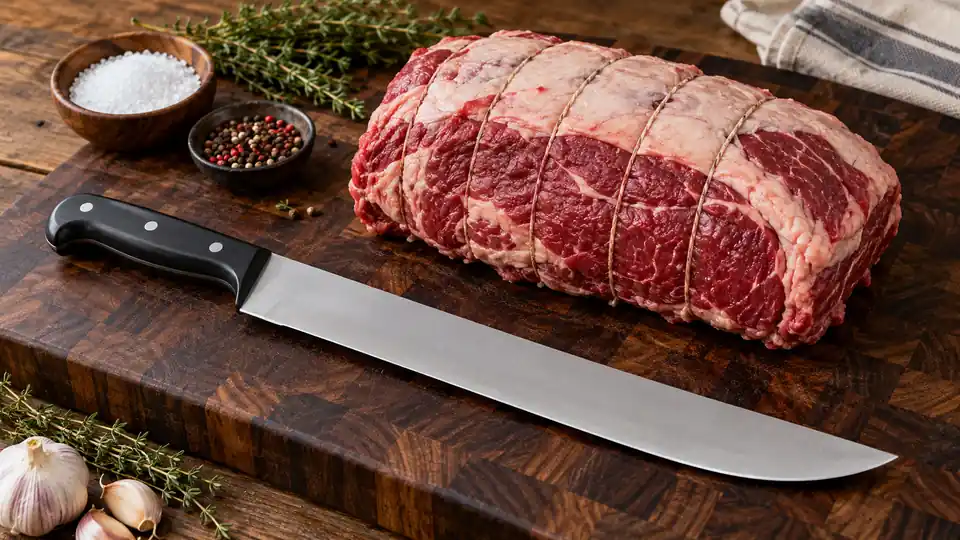 Broad butcher knife beside a tied beef roast on an end-grain cutting block.