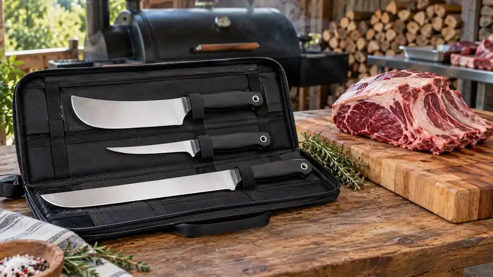 Butcher, boning and slicing knives organized as a meat-preparation kit.