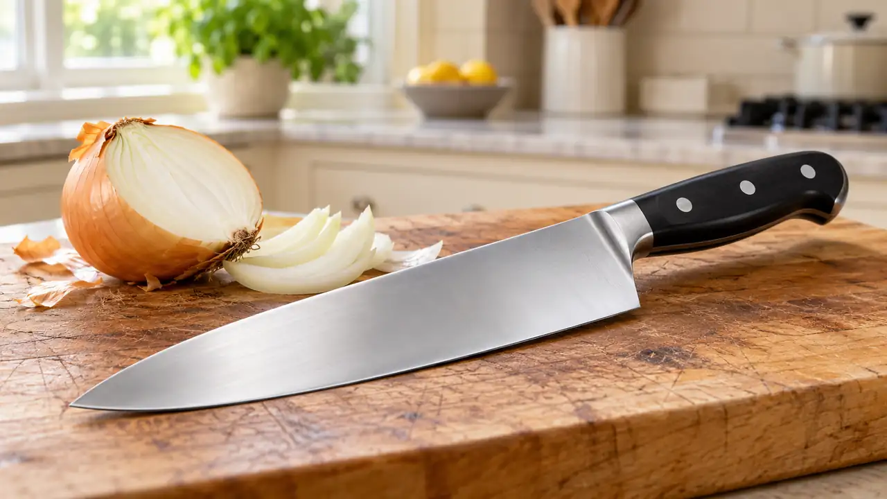 Stainless steel chef knife beside a halved onion on a maple cutting board.