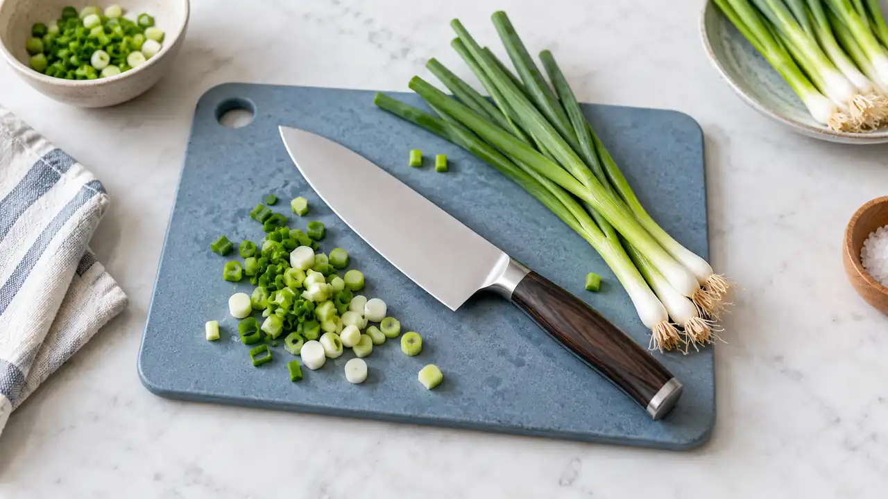 Compact chef knife with a slim handle beside scallions on a small prep board.