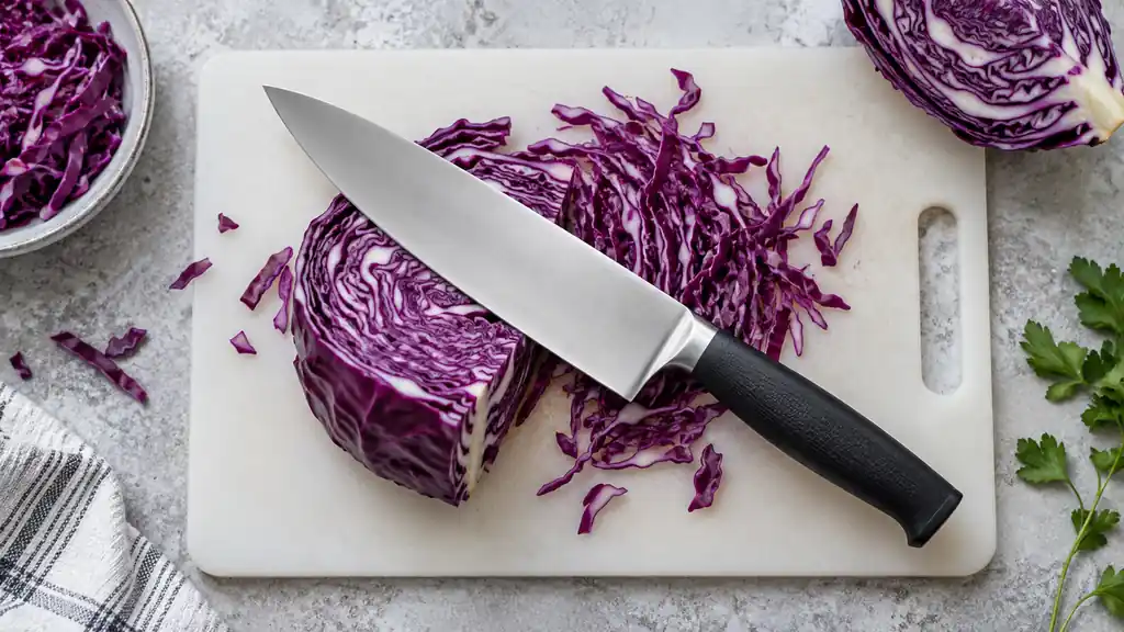 Simple stainless chef knife and freshly cut purple cabbage on a pale prep board.