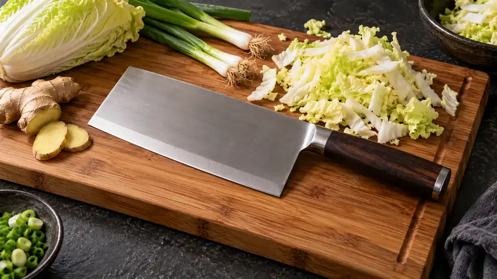 Thin Chinese vegetable cleaver beside ginger, spring onion and chopped cabbage.