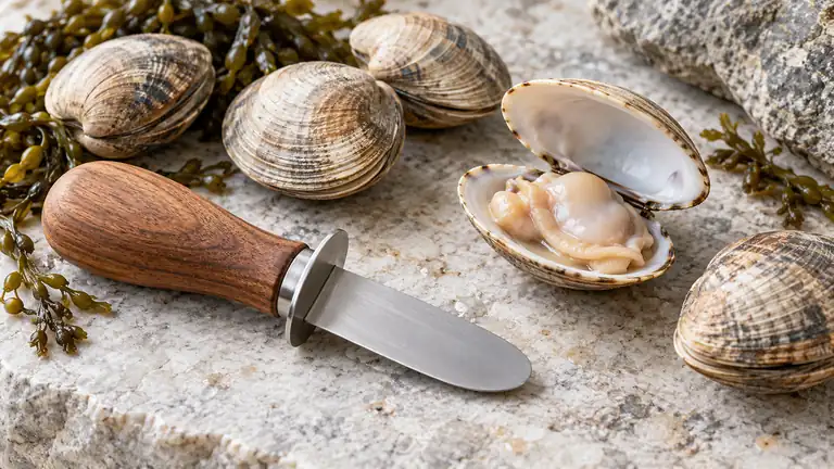Broad blunt-tip clam knife beside closed clams and an opened clam shell.