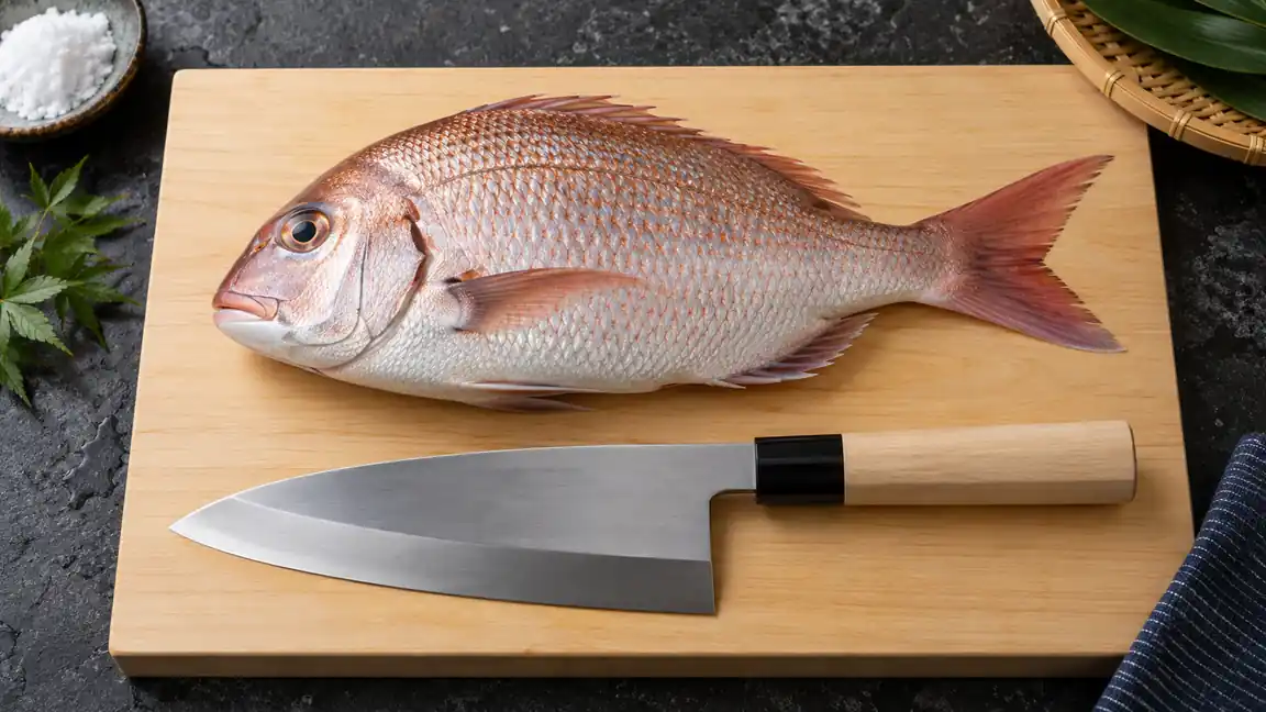 Thick-spined deba knife beside a whole sea bream on a wooden fish-prep board.