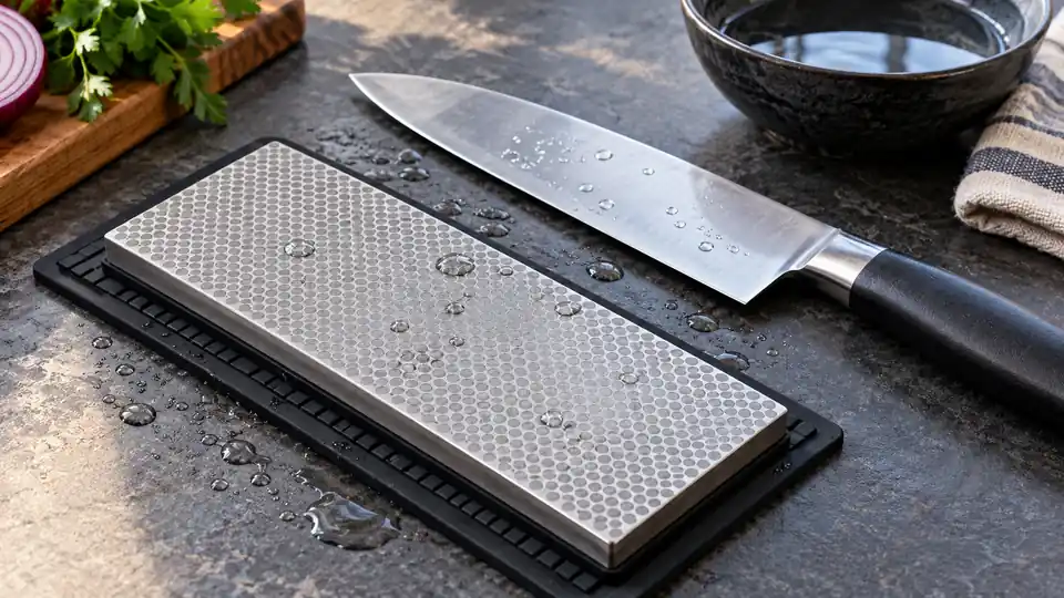 Diamond sharpening plate with a fine metallic surface beside a chef knife.