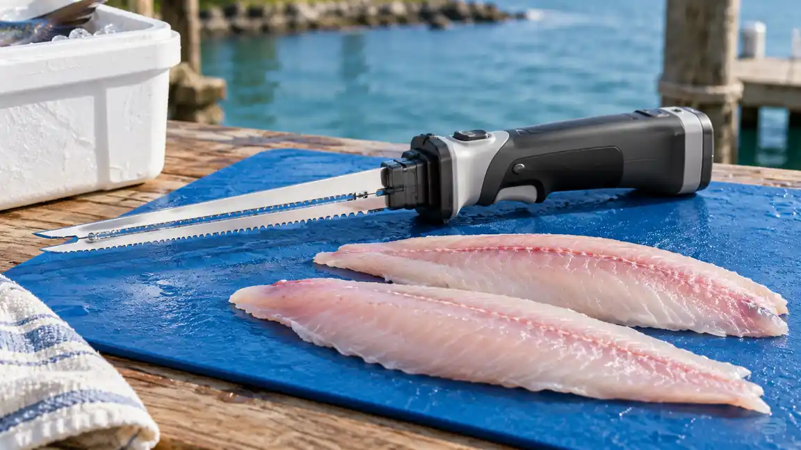 Cordless electric fillet knife beside clean fish fillets on a blue prep mat.