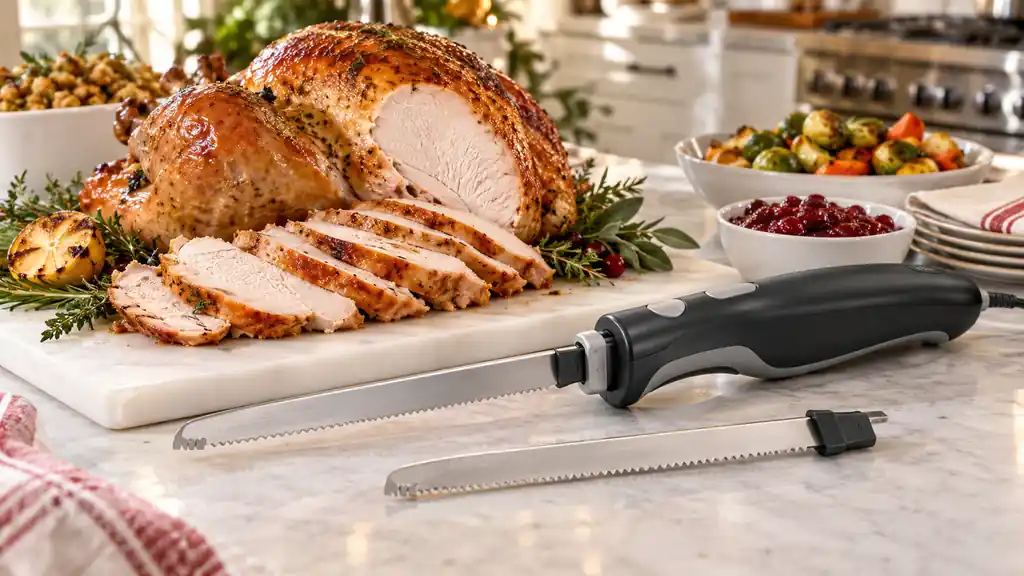 Electric carving knife with twin serrated blades beside cooked turkey slices.