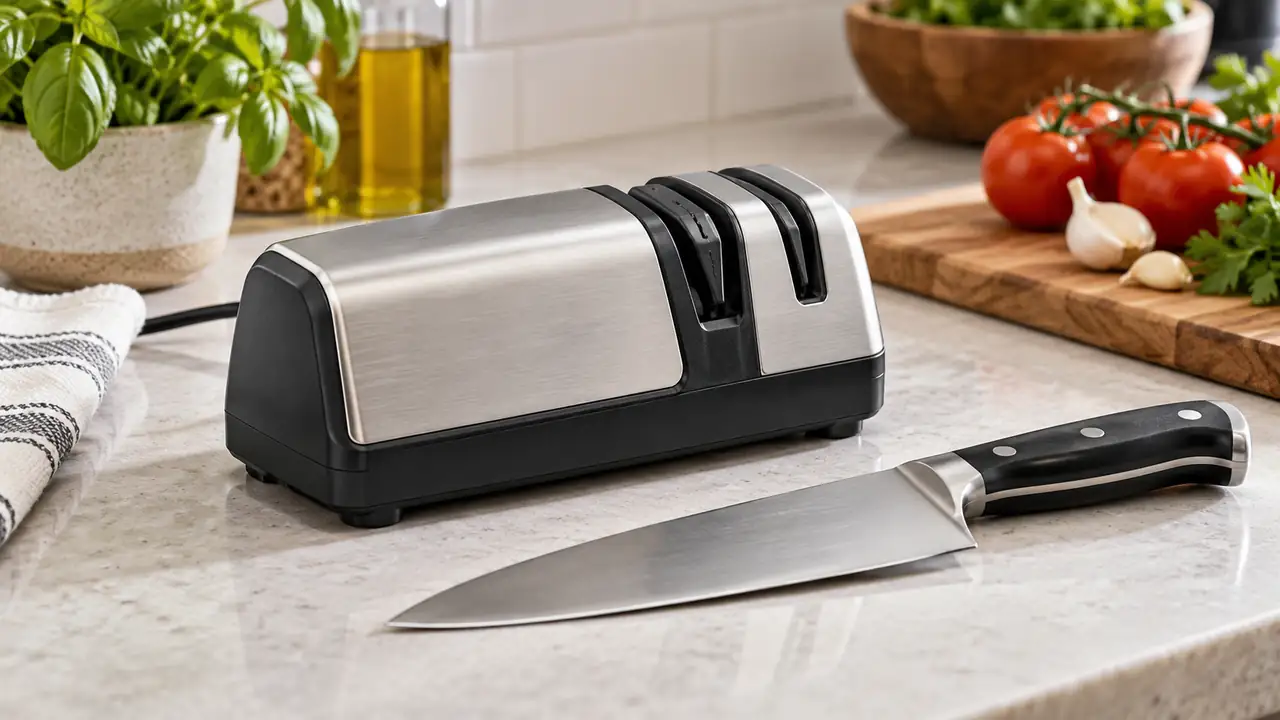 Electric kitchen knife sharpener with angled guide slots beside a chef knife.