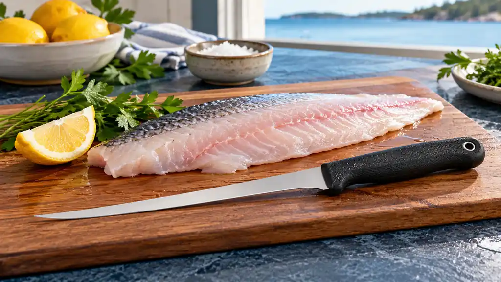 Flexible fillet knife beside a skin-on fish fillet and a lemon wedge.