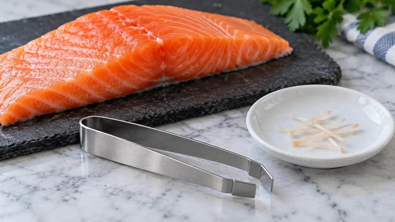 Stainless fish-bone tweezers beside a salmon fillet and a dish of removed pin bones.