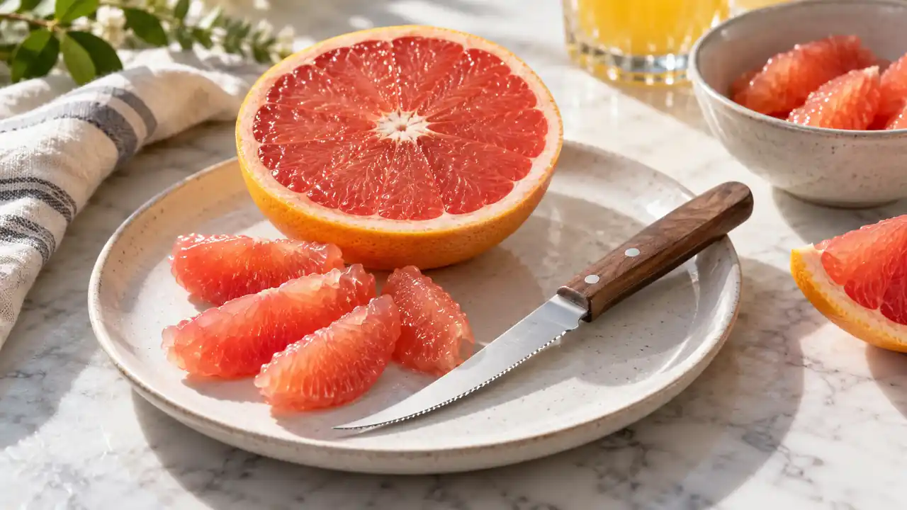 Curved grapefruit knife beside a halved pink grapefruit and separated segments.