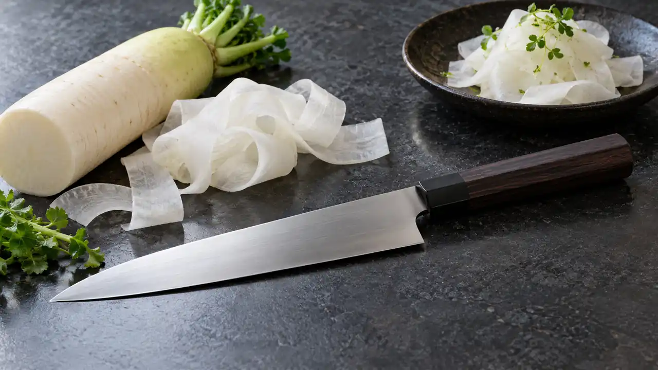 Pointed gyuto knife with a wooden handle beside thin daikon ribbons.