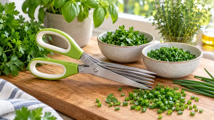 Multi-blade herb scissors beside freshly snipped chives and parsley.