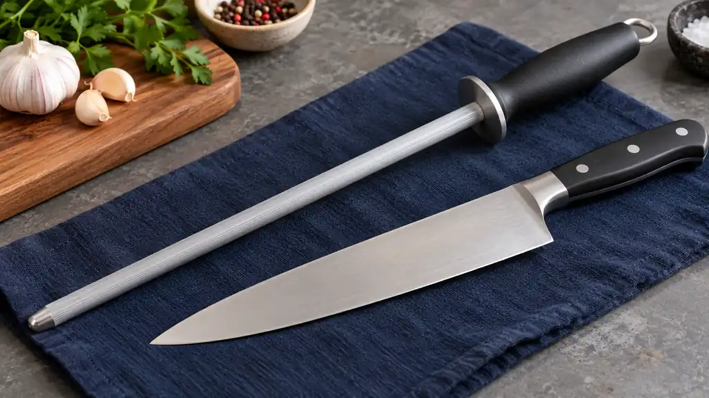 Steel honing rod with a finger guard beside a chef knife on navy cloth.