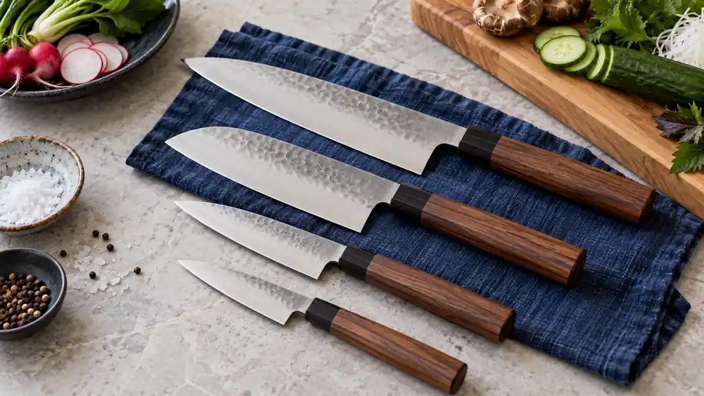 Japanese-style knife set with matching wooden handles arranged on pale stone.