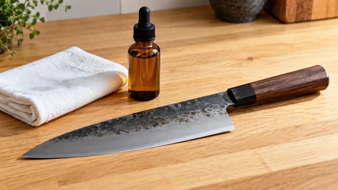 Small bottle of knife-maintenance oil beside a carbon-steel knife and a clean cloth.