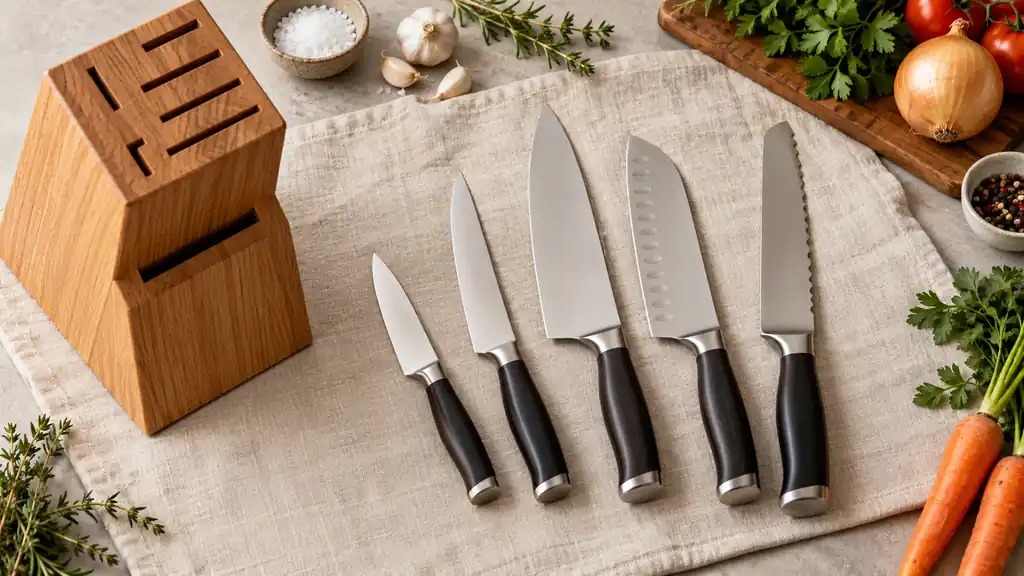 Essential kitchen knife set with chef, bread, utility and paring knives beside an oak block.