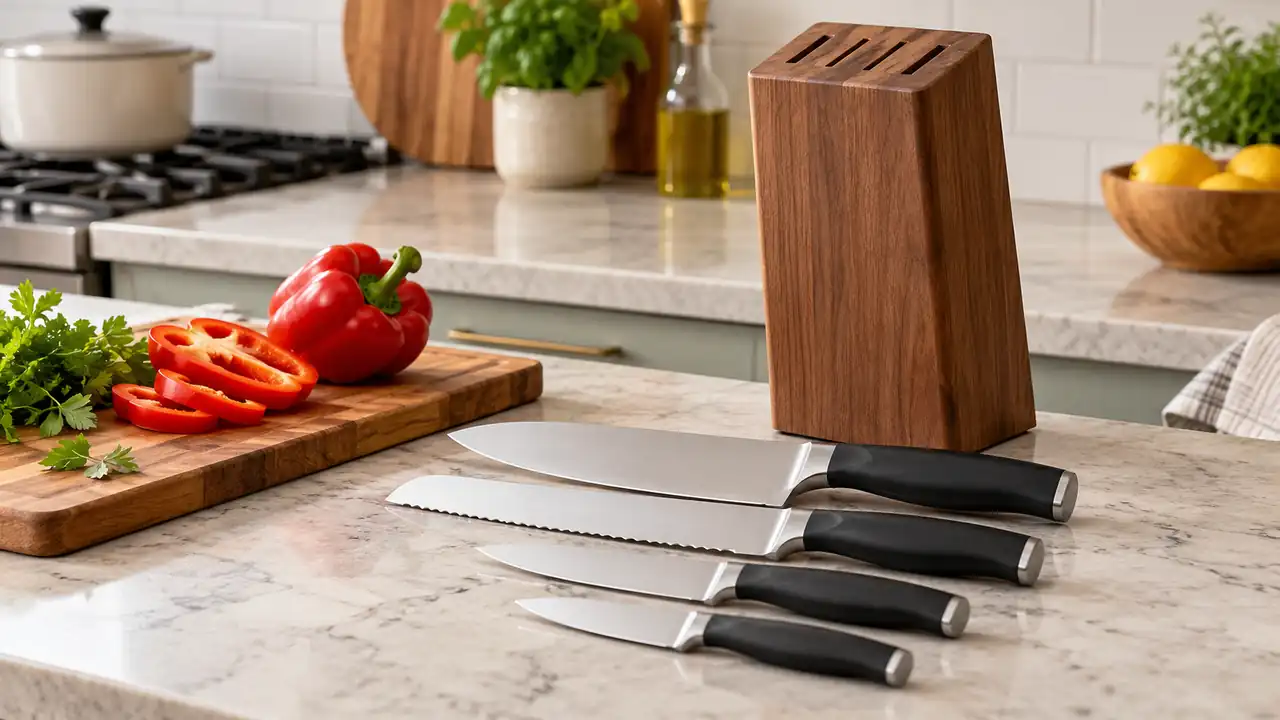 Compact matching kitchen knife set and slim block beside a red bell pepper.