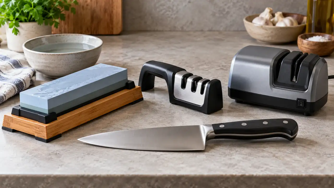 Water stone, pull-through tool and electric knife sharpener arranged with a chef knife.