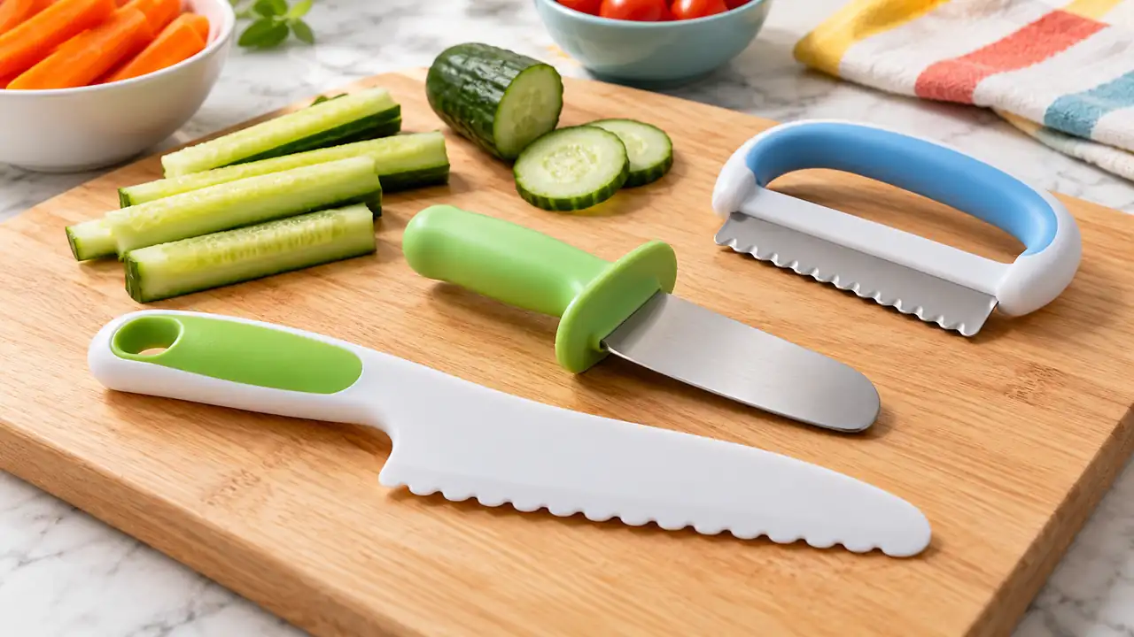 Rounded cooking training knives beside cucumber sticks on a clean kitchen board.