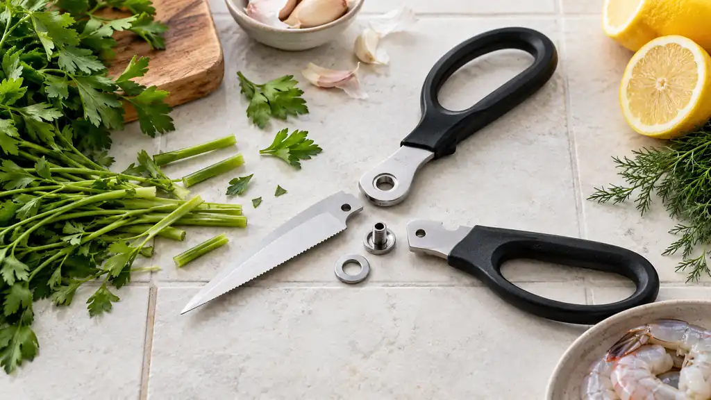 Detachable kitchen shears with an open hinge beside trimmed herb stems.