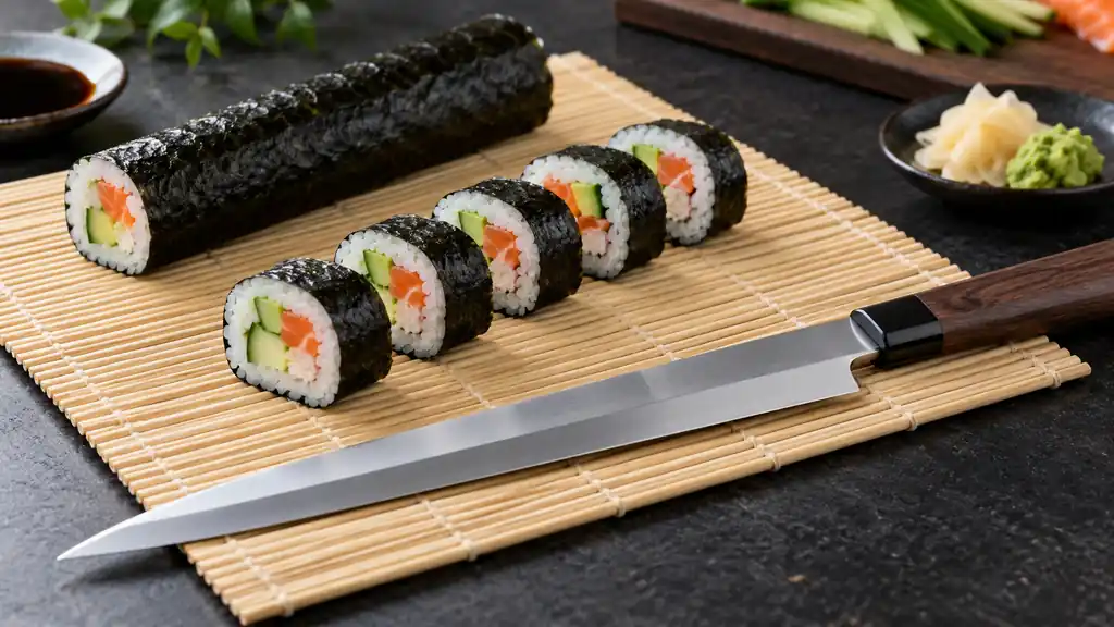Long thin knife beside cleanly sliced nori sushi rolls on a bamboo mat.