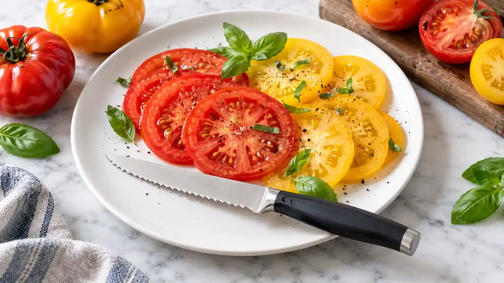 Fine-serrated tomato knife beside thin slices of red and yellow tomatoes.