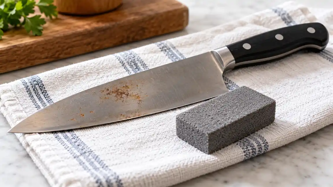 Knife rust eraser beside a steel blade with a small patch of surface oxidation.