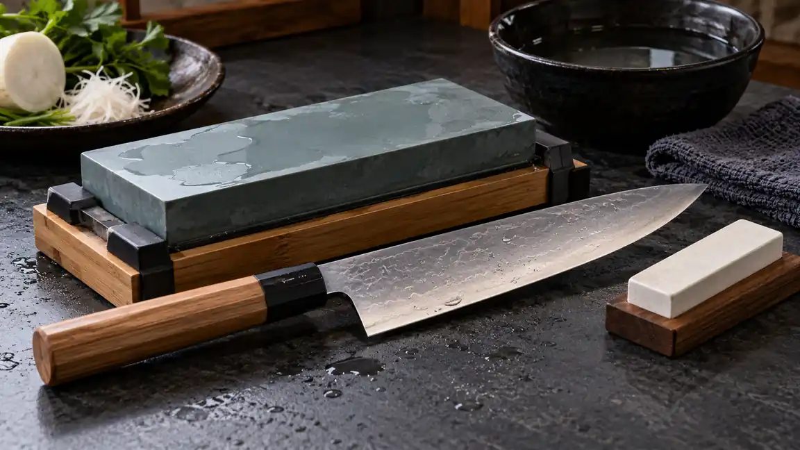 Japanese gyuto knife with a water stone, finishing tool and stable sharpening holder.