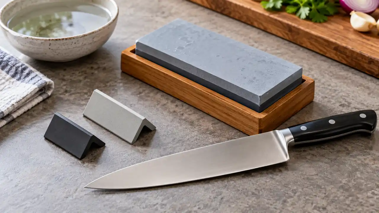 Sharpening-angle guide wedges beside a water stone and a chef knife.