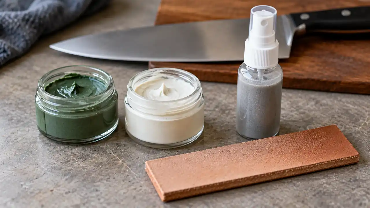 Knife-stropping paste and abrasive spray containers beside a leather strop sample.