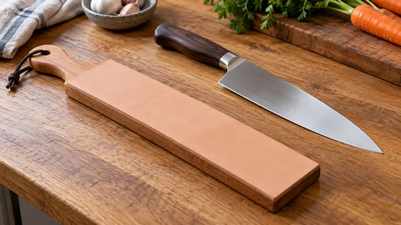Leather knife strop on a wooden paddle beside a clean chef knife.