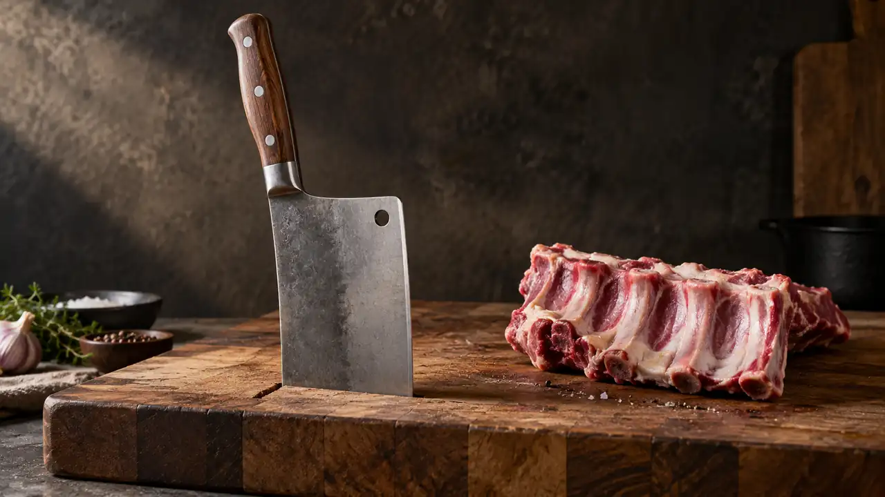 Heavy meat cleaver with a thick rectangular blade on a butcher block beside clean rib bones.