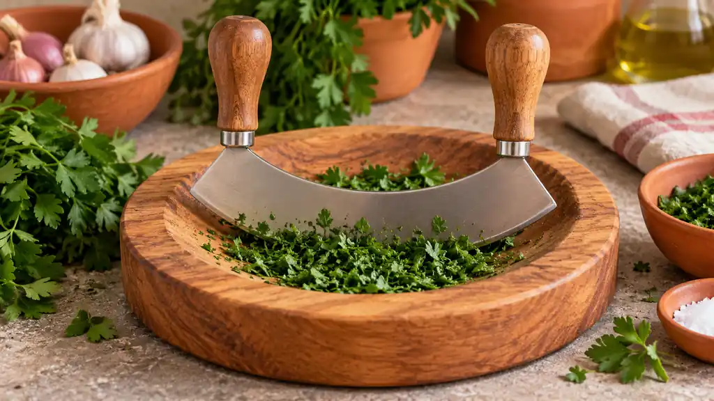 Double-handle mezzaluna herb knife in a curved wooden board with chopped parsley.