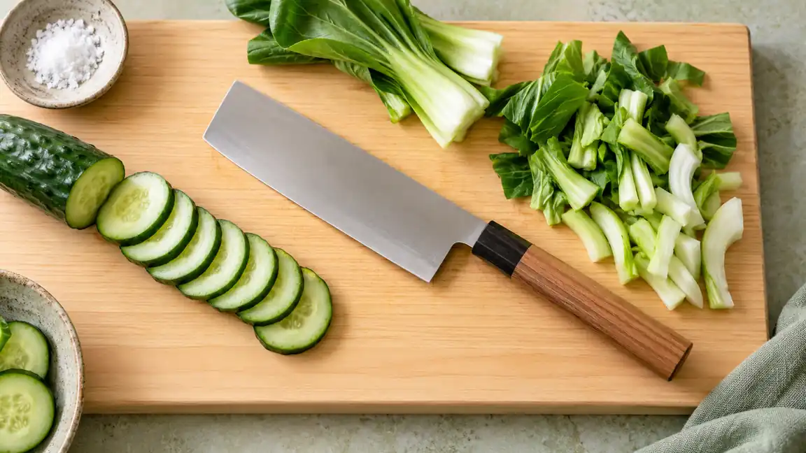 Flat-edged nakiri knife beside sliced cucumber and bok choy on a light wooden board.