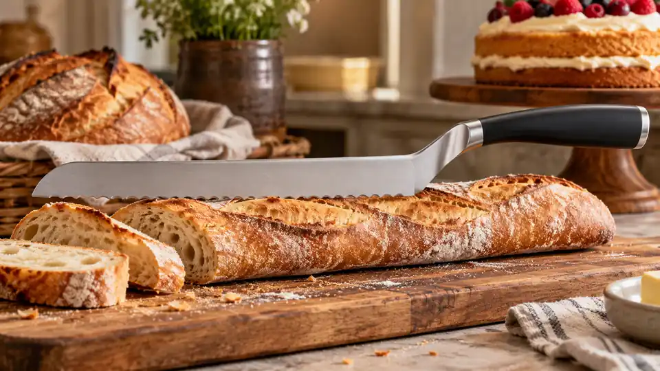 Offset bread knife with a raised handle beside a sliced baguette.