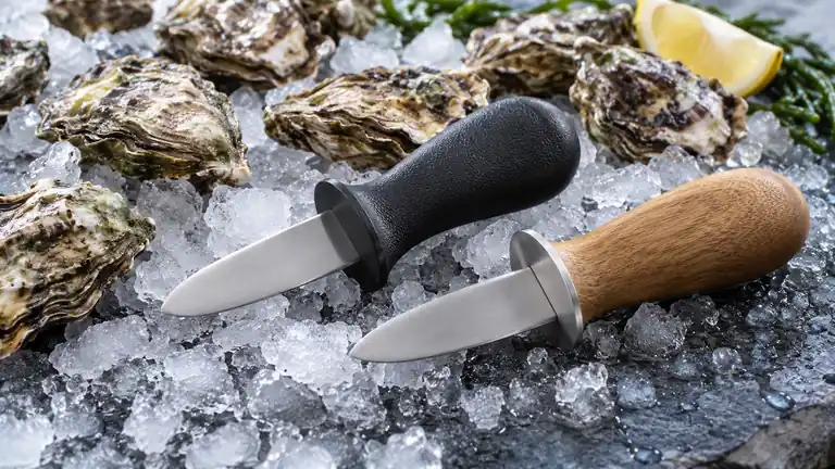 Short stout oyster knives beside closed oysters on crushed ice.