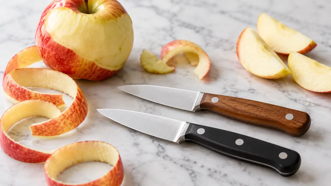 Small straight-edge paring knives beside a partly peeled apple and peel curls.
