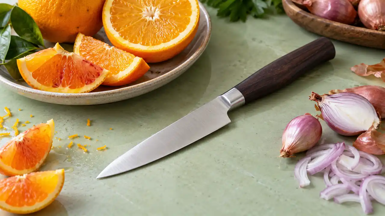 Slender petty utility knife beside citrus segments and shallots.