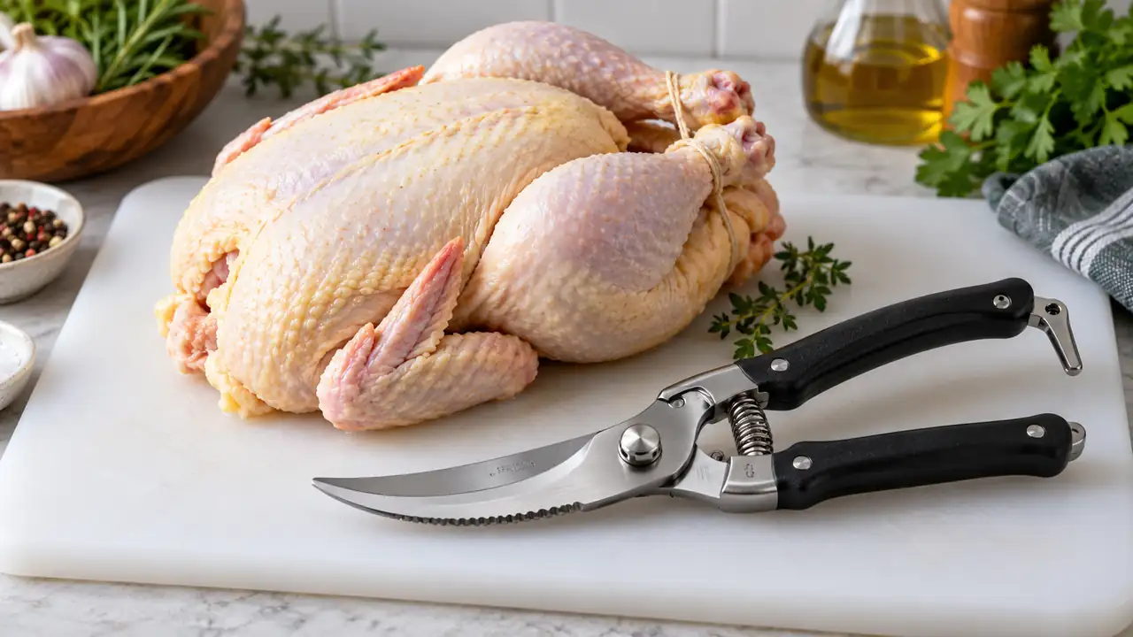 Heavy poultry shears with curved blades beside a prepared whole chicken.
