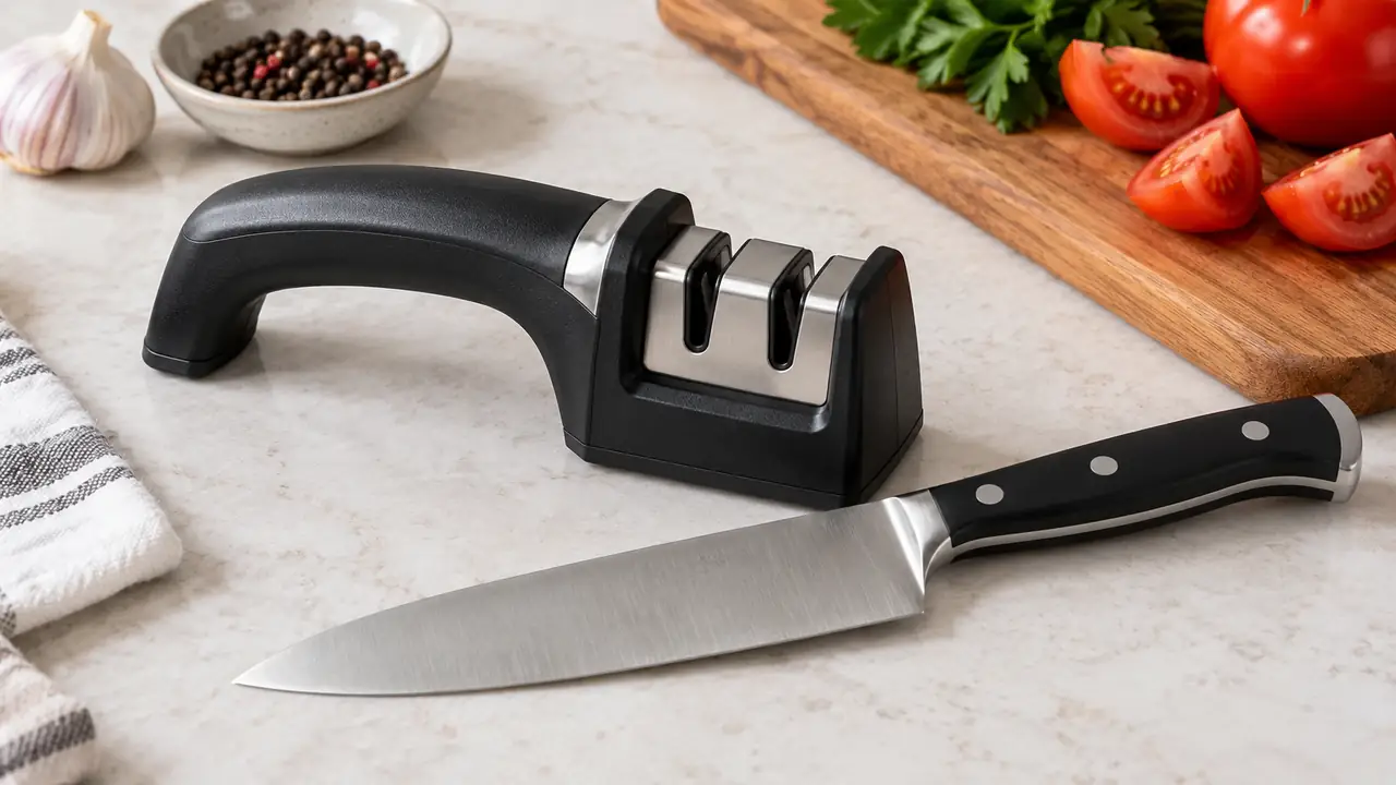 Handheld pull-through knife sharpener with V-shaped slots beside a utility knife.