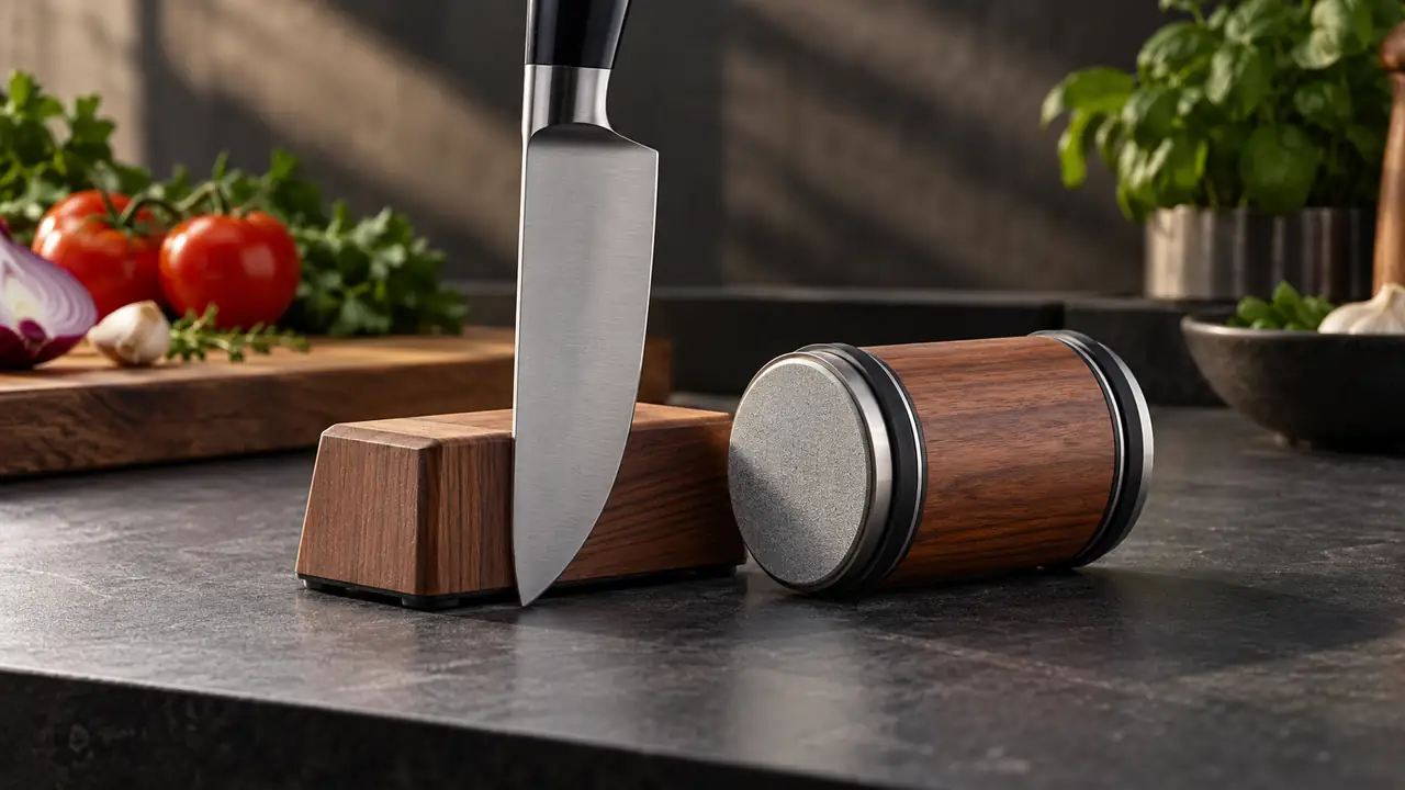 Rolling knife sharpener beside a wooden magnetic angle block supporting a chef knife.