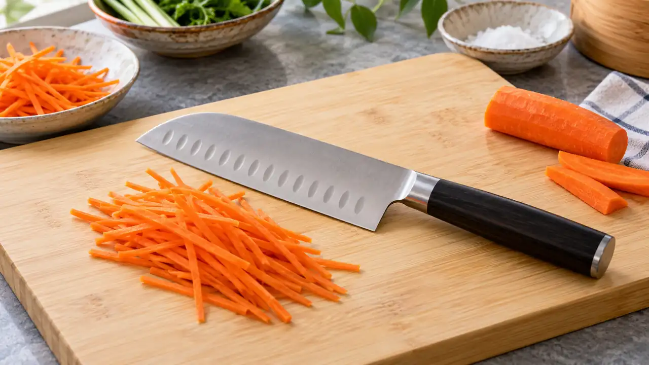 Santoku knife with a scalloped blade beside julienned carrots on a bamboo board.