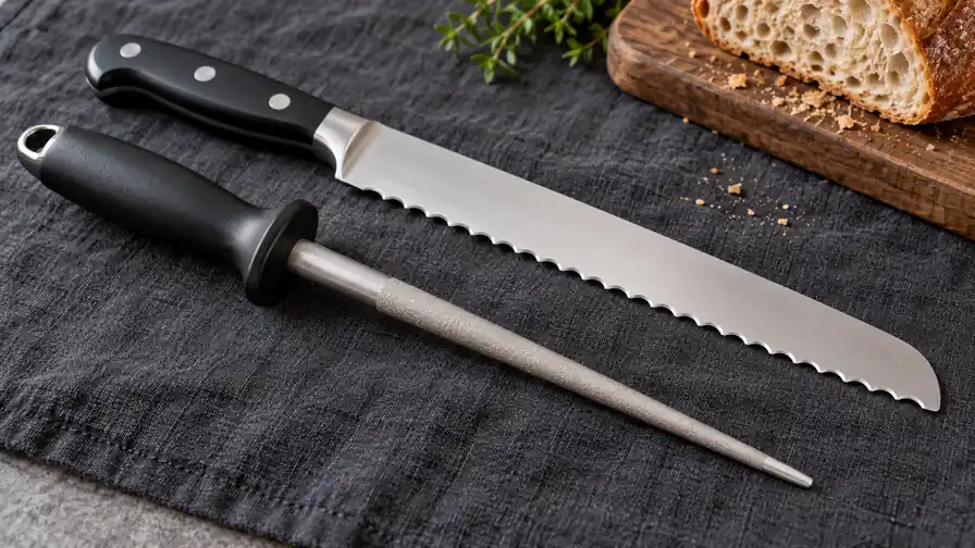 Tapered sharpening rod beside the serrated teeth of a bread knife.
